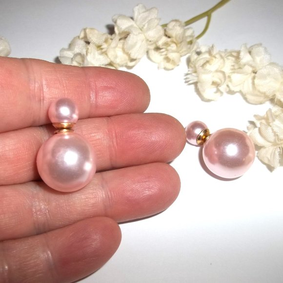 Double Sided Front and Back Earrings Pink Faux Pearl Gold Post Stud Pair C537 - Picture 6 of 6